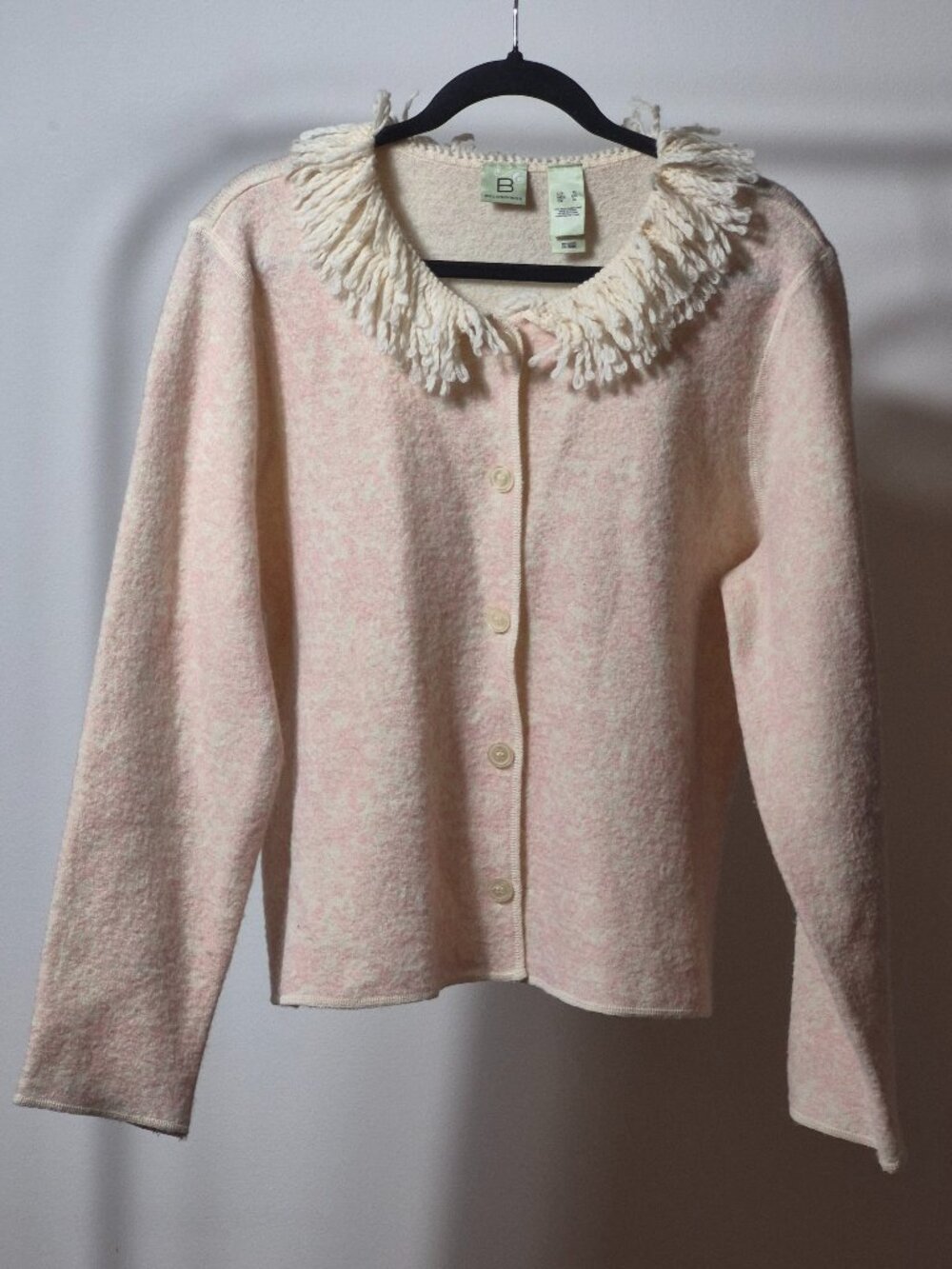 B Belongings Womens XL 100% Wool Cardigan Fringe Collar Y2K Boho Pink Sweater